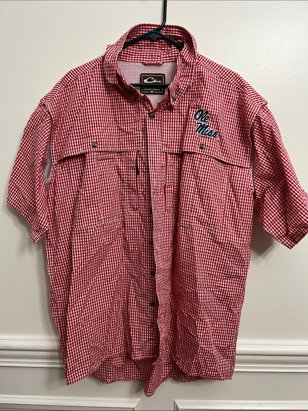 Drake Red Gingham Short-Sleeve Button-Down Shirt with Chest Script
